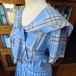 Vintage 1950's/1960's I. Magnin Sailor Collar Pleated Midi Dress Light-Blue Plaid Short-Sleeve Retro-Librarian June Cleaver