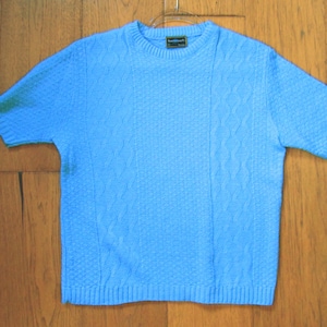 May include: A light blue short-sleeve sweater with a textured knit pattern. The sweater has a crew neck and is hanging on a metal hanger. The background is a wooden surface.