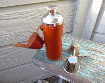 Vintage Leather Wrapped Round Flask Stainless Steel with 2 Shot/Drinking Glasses Cups 7 in Tall x 2 1/4 in Diameter Hunting Hiking Camping