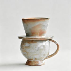 Peut inclure: Un ensemble de filtre à café en céramique composé d'un cône verseur et d'une tasse arrondie avec une anse. La poterie présente un émail moucheté avec des tons mélangés de gris doux, de crème et de brun terre cuite chaud sur toute la surface.