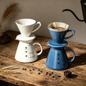 May include: Two ceramic pour-over coffee drippers and matching carafes in white and blue. Each carafe features black measurement markings for 100, 300, and 450 ml. A black gooseneck kettle pours water into the blue dripper containing a paper filter.