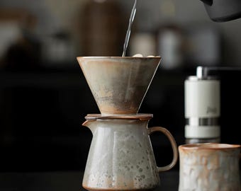 Handmade Ceramic Coffee Brew Set, V60 Dripper, 500ml Minimalist Home Barista Drip Coffee Gear