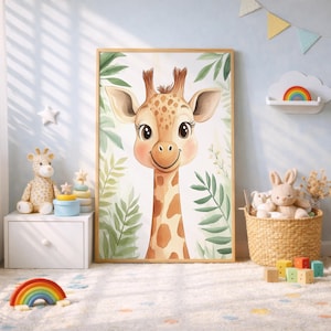 Może przedstawiać: Oprawiony wydruk akwarelowy uśmiechniętej żyrafy z długą szyją i brązowymi plamami. Żyrafa otoczona jest zielonymi liśćmi. Wydruk znajduje się w pokoju dziecięcym z zabawkami i tęczą.