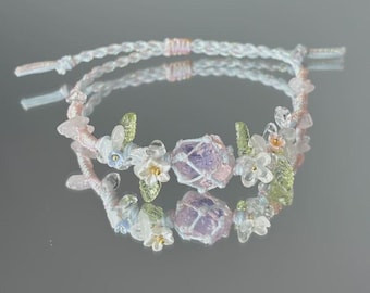 Floral Macrame Pink Opal Bracelet: Adjustable Boho Crystal Jewelry