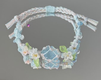 Aquamarine Macrame Bracelet: Floral Crystal, Pastel Boho Jewelry