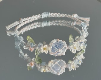 White Opal Macrame Bracelet: Boho Floral Crystal Jewelry