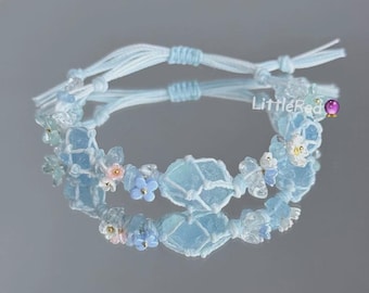 Aquamarine Crystal Macrame Bracelet: Boho Floral Jewelry, Adjustable