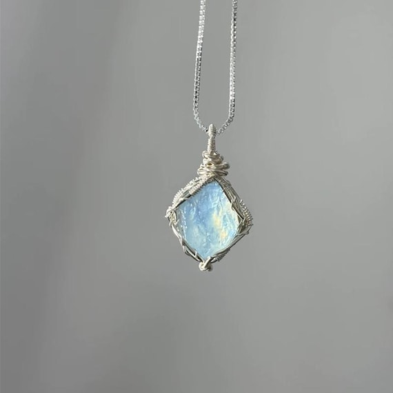 Raw Crystal Wire Wrapped Necklace, Natural Gemstone Pendant, Silver Plated Copper Jewelry, Boho Gift for Her