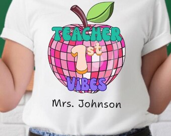 Retro leraarsshirt 1e klas, gepersonaliseerd Back to School-T-shirt
