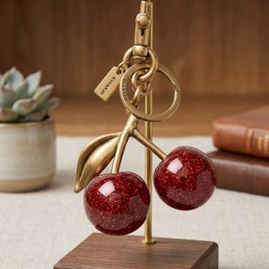 以下が含まれることがあります： 金色の金属製の茎と葉、そして2つの赤いキラキラ光るサクランボが付いた、サクランボ型のキーホルダー。キーホルダーには「COACH」と書かれた小さなタグが付いています。ベースは濃い色の木製のブロックです。