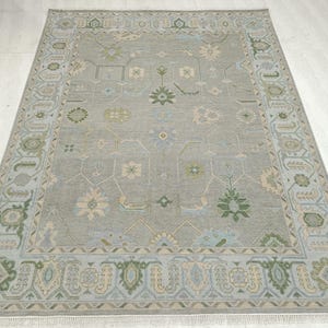 Gray Oushak Wool Rug 8x10: Silver Blue & Muted Green Handmade Area Rug