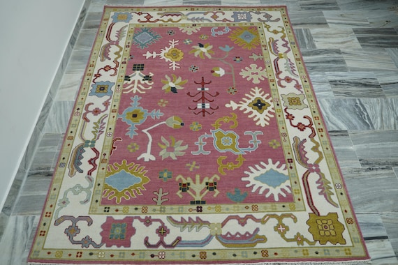 Floral 8x10 Wool Rug for Bedroom - Colorful Pink Ivory Oushak Handmade Area Rug