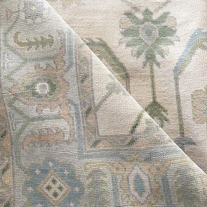Handwoven Beige Oushak Rug: Blue & Green Wool Turkish Rug