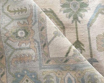 Alfombra Oushak beige tejida a mano: alfombra turca de lana azul y verde