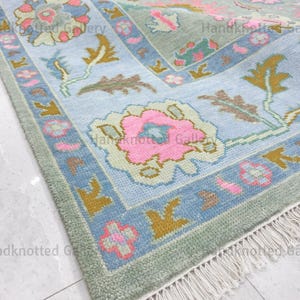 Exquisite Green Oushak Rug | Blue Pink Floral Turkish Oriental Style