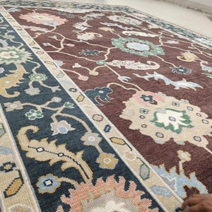 Brown Oushak Wool Rug: Colorful Turkish Style, 9x12 Living Room Carpet