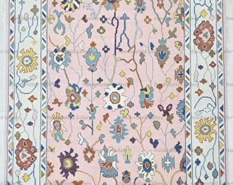 Tapis rose à fleurs noué à la main 8x10 – Tapis bohème en laine, style vintage, fait main