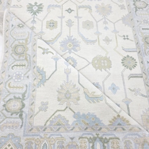 Handwoven Beige Oushak Rug: Blue & Green Wool Turkish Rug