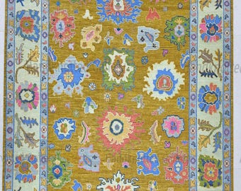 Hand-Knotted Mustard Yellow Wool Rug | Turkish Oushak Floral Carpet NE-93