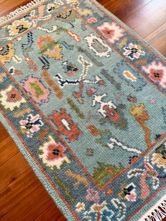 Teal Hand-Knotted Wool Rug: Turkish Style Oushak, Vintage-Inspired 2x3