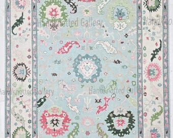 Hand-Knotted Wool Oushak Rug, Teal Green, Floral Turkish Carpet