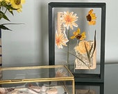 PRESSED FLOWERS, watercolor flower, flowers and leaves, wooden box frame, vintage paper and flowers, stand alone wooden frame