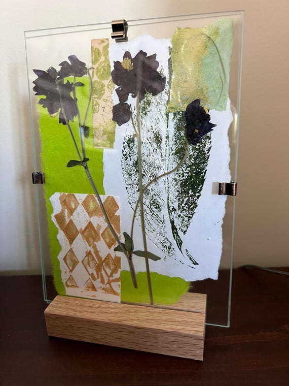 Framed Columbine Flower Collage Art: Mixed Media, Vintage Papers