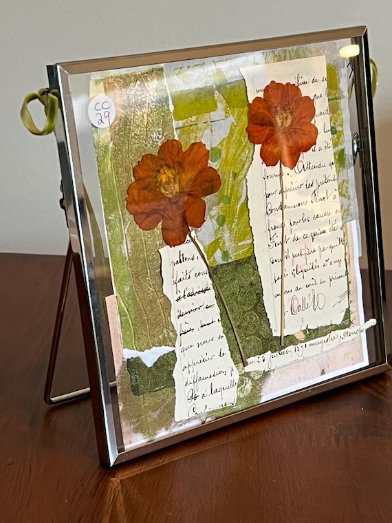 Framed Pressed Flower Collage: Vintage Paper Botanical Art