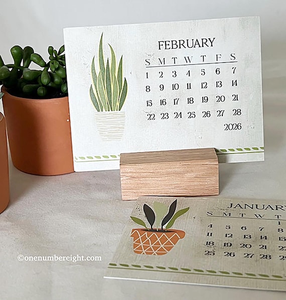 Mini Desk Calendar 2026: Natural Green Houseplants, Wood Base (4x3")