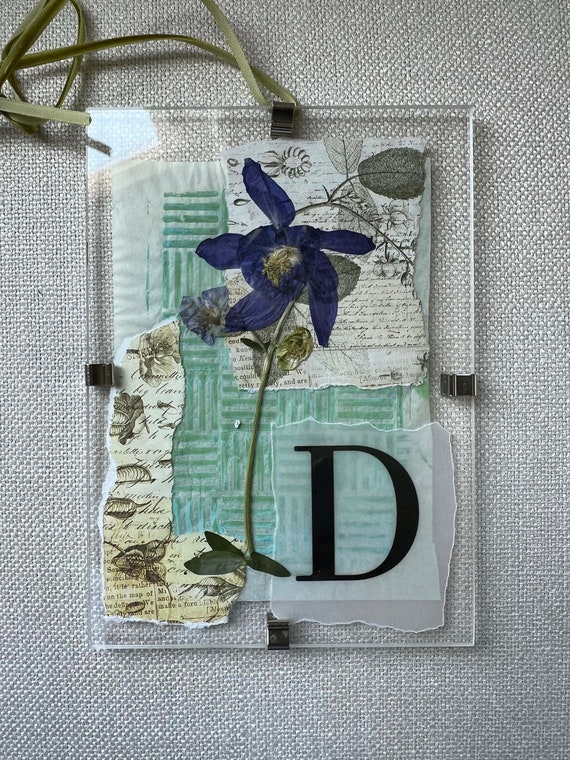 FRAMED COLLAGE ART, mixed media collage, botanical pressed columbine flower, hand printed papers, vintage papers, acrylic floating frame
