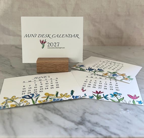 2027 Mini Desk Calendar: Watercolor Florals  Optional  Wood Base (4x3")