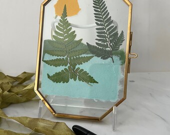 FRAMED collage design, pressed flower in glass frame, ferns pressed wall art, vintage paper in collage, torn paper collage, gift,