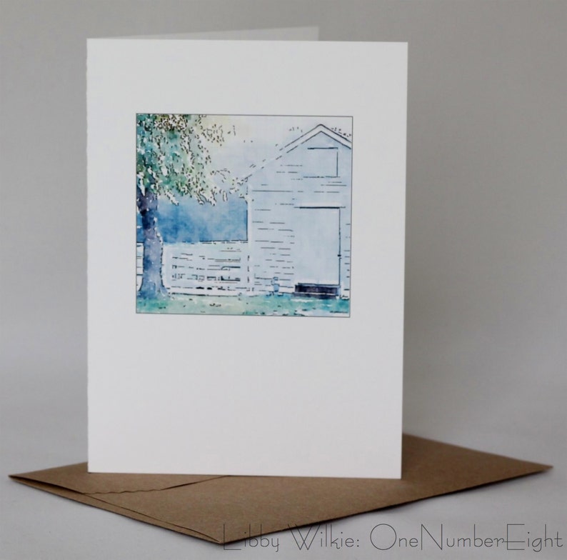 WATERCOLOR IMAGE CARD of White Barn Blank Inside for Any image 1