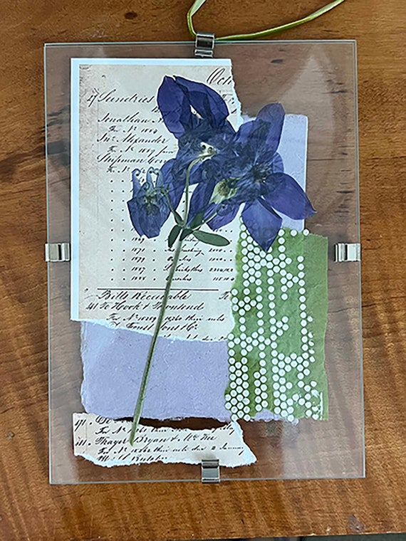 FRAMED COLLAGE ART, mixed media collage, botanical pressed columbine flower, hand printed papers, vintage papers, acrylic floating frame