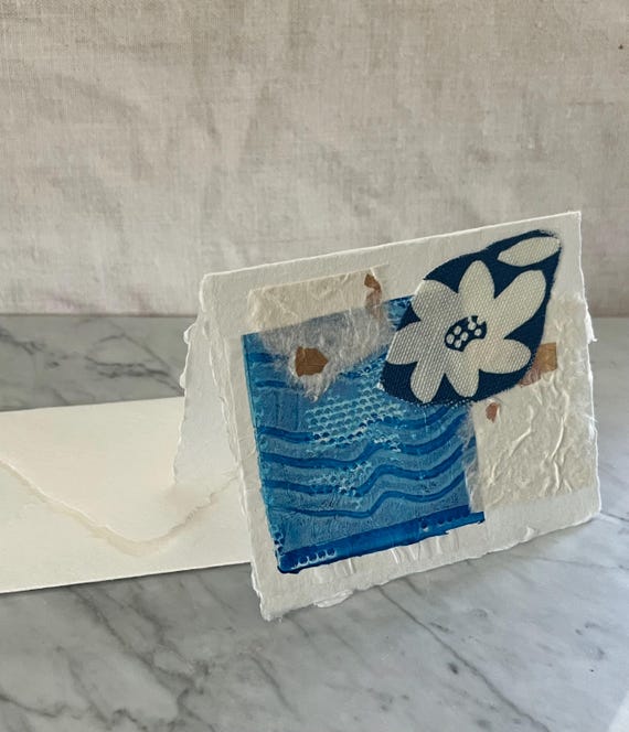 Blank Card: Blues Collage Paper & Fabrics