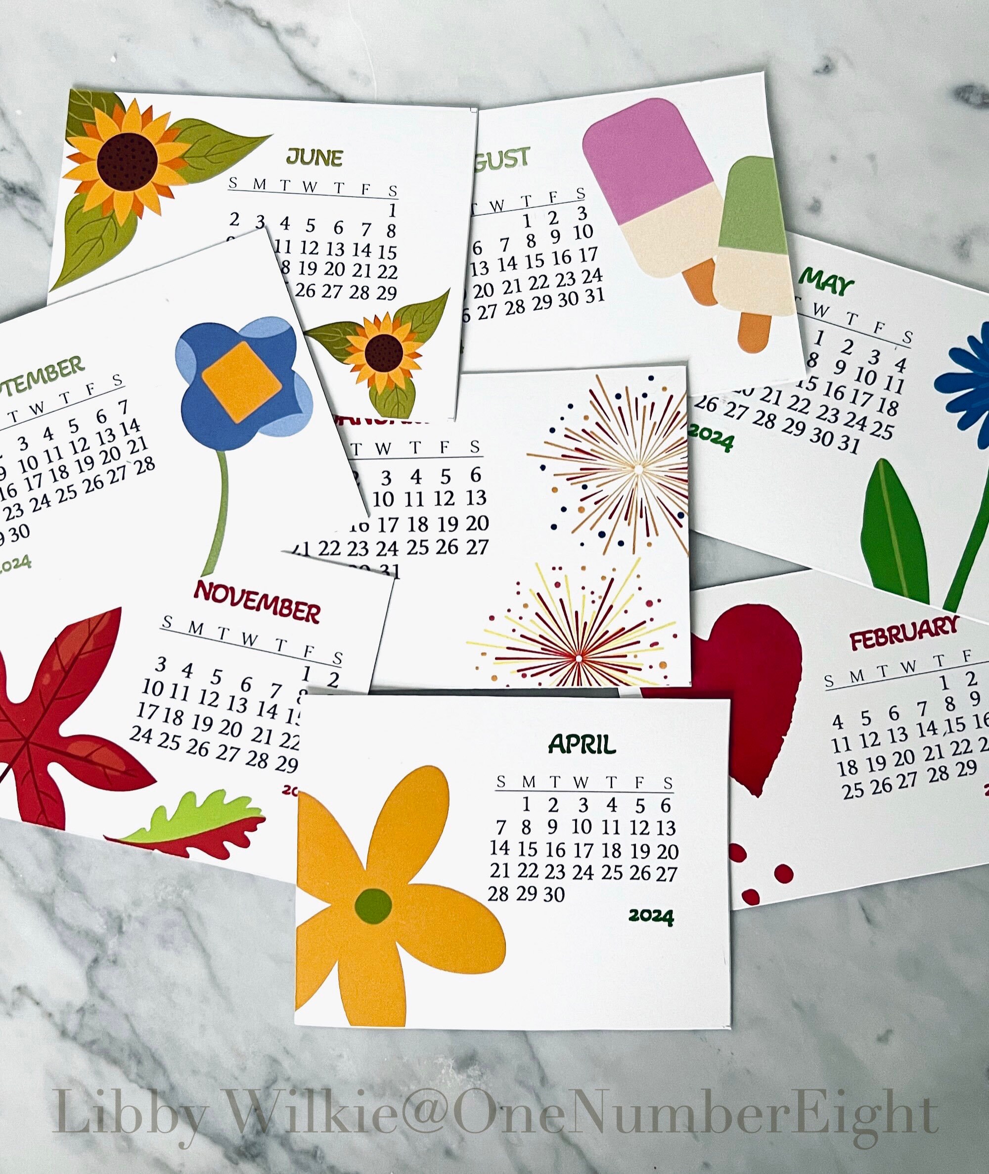 4x3 DESK CALENDAR, Graphic and Colorful Calendar, Wood Slot Base, Small