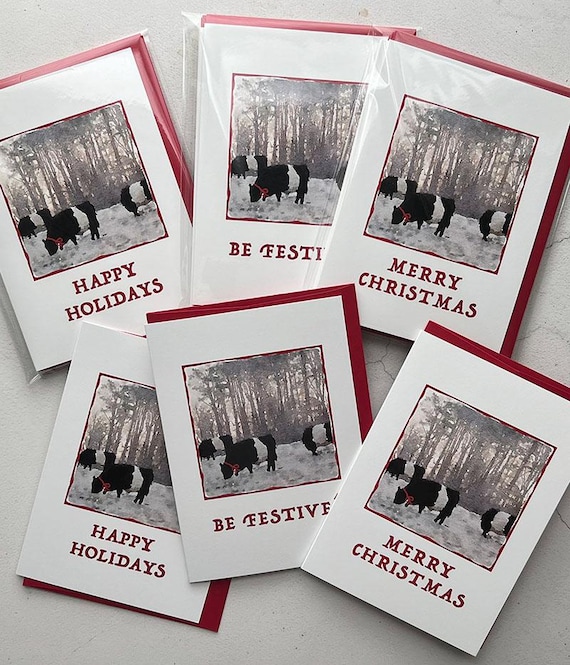 CHRISTMAS BELTIES, Fearrington Village, beltie cows and farm, Watercolor Image, Set Five Cards, Blank Greeting Card, Fold Over Card