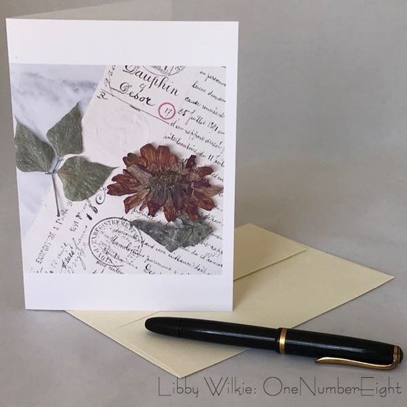 PRESSED FLOWER CARD, red vintage style greeting card, blank greeting card, pressed flower card, photo collage card, antique style card
