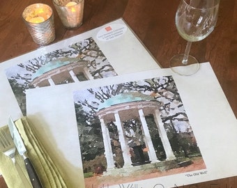 UNC OLD WELL paper placemat, laminated placemats, set of 6 paper placemats with image of iconic Old Well, linen cover stock paper,