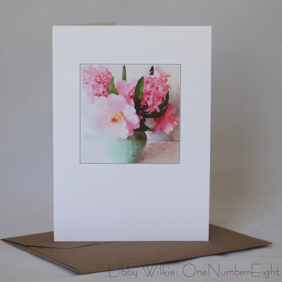 WATERCOLOR FLORAL BOUQUET card with blank inside; vase with pink flowers on fold over card; pink floral card