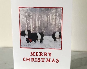 CHRISTMAS BELTIES SET,  Fearrington Village, beltie cows and farm, Watercolor Image,Christmas Card, Fold Over Card