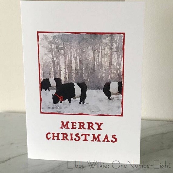 CHRISTMAS BELTIES SET,  Fearrington Village, beltie cows and farm, Watercolor Image,Christmas Card, Fold Over Card
