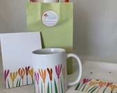 FLORAL GIFT SET, Spring garden set, tea towel + mug + pad = perfect gift, Hello Spring towel, Hello Spring mug,