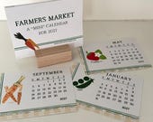 2027 Mini Desk Calendar: "Farmers Market".    Optional  Wood Base (4x3")