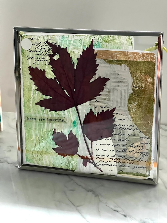CONTEMPORARY COLLAGE ART, mixed media collage, presssed leaves framed, hand printed papers, vintage papers,
