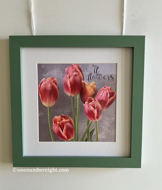 TULIP FLOWER PRINT, gorgeous tulips framed with white matte and green wooden frame, wall art or desktop with easel stand