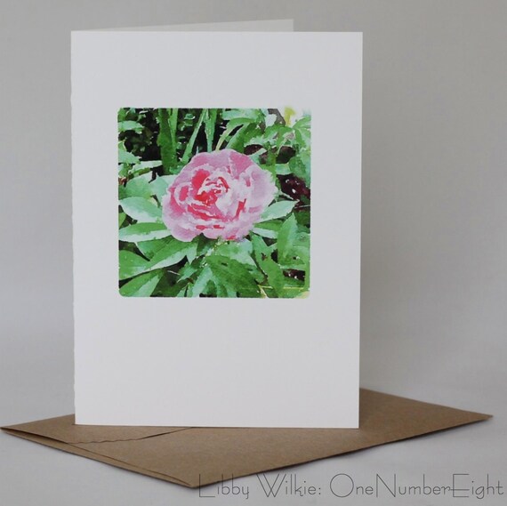 PINK FLOWER CARD, watercolor image with blank inside; fold over greeting card; note card