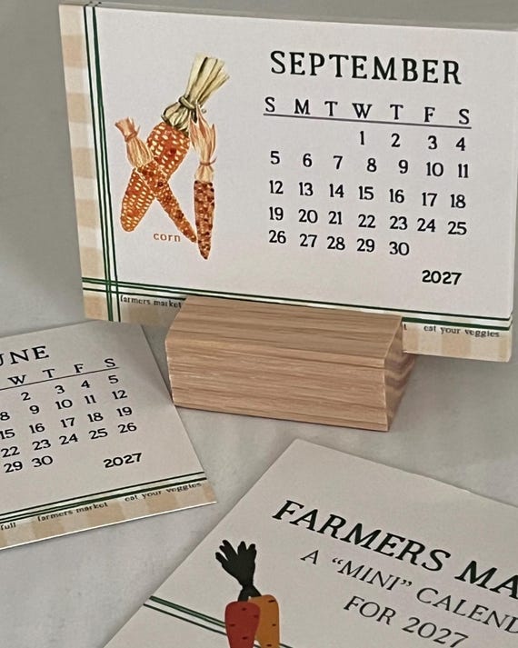 2027 Mini Desk Calendar: "Farmers Market".    Optional  Wood Base (4x3")