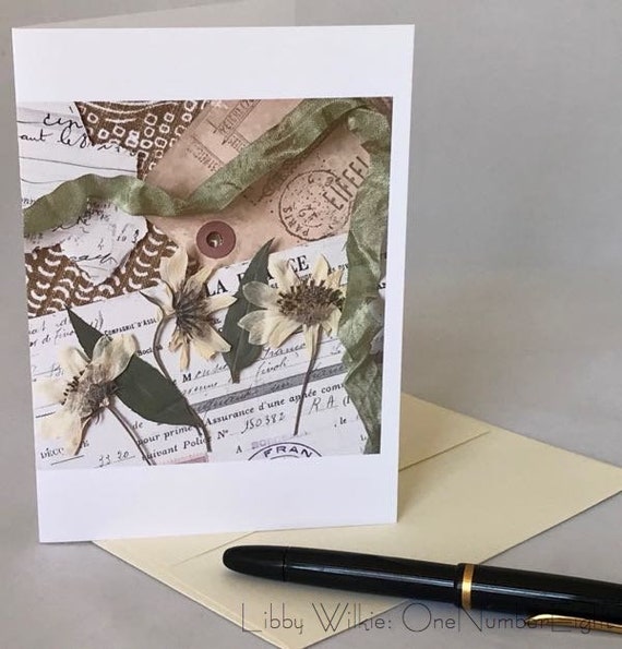 PRESSED FLOWER CARD, yellow vintage style greeting card, blank greeting card, pressed flower card, photo collage card, antique style card