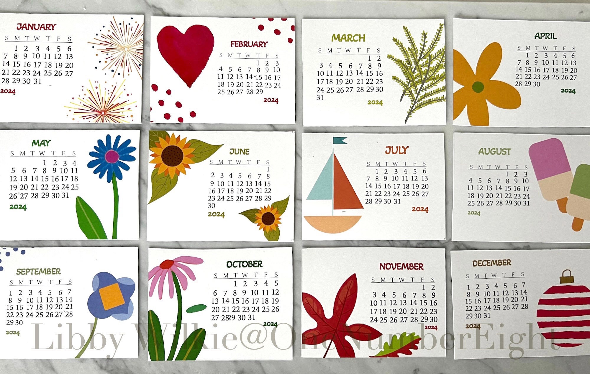 4x3 DESK CALENDAR, Graphic and Colorful Calendar, Wood Slot Base, Small
